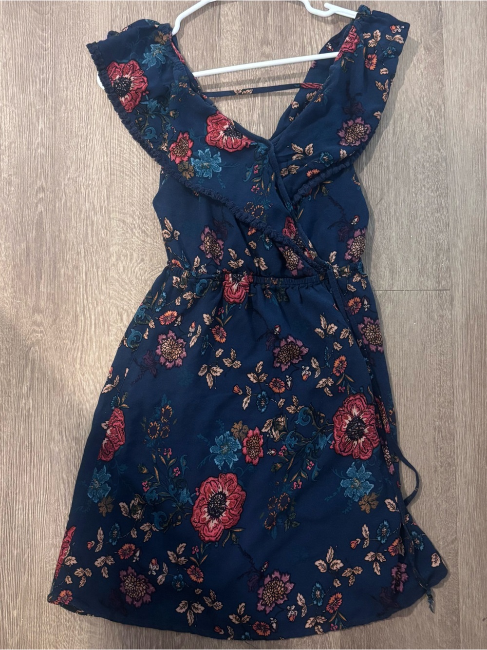 Women's Navy Floral Wrap Dress with Ruffle Trim